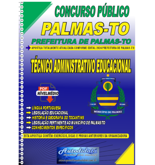 PREFEITURA DE PALMAS TO TECNICO ADMINISTRATIVO EDUCACIONAL Apostila digital Prefeitura de Tocantins-TO 2024 - Técnico Administrativo Educacional