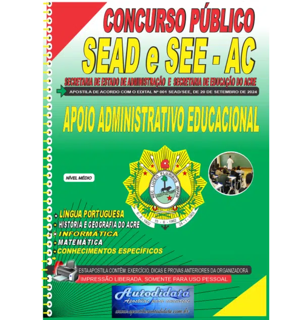 APOIO ADMINISTRATIVO EDUCACIONAL NOVO 1 Apostila impressa concurso da SEDUC-ACRE 2024 – Apoio Administrativo Escolar