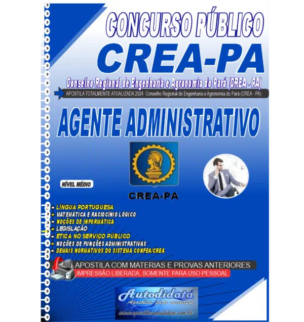 AGENTE ADMINISTRATIVO CREA NOVO 1 Apostila impressa concurso do CREA-PA 2024 – Agente Administrativo